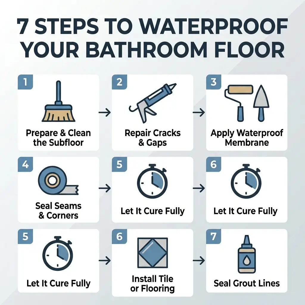 Infographic showing 7 steps to waterproof a bathroom floor: prepare and clean subfloor, repair cracks and gaps, apply waterproof membrane, seal seams and corners, let it cure fully, install tile or flooring, seal grout lines