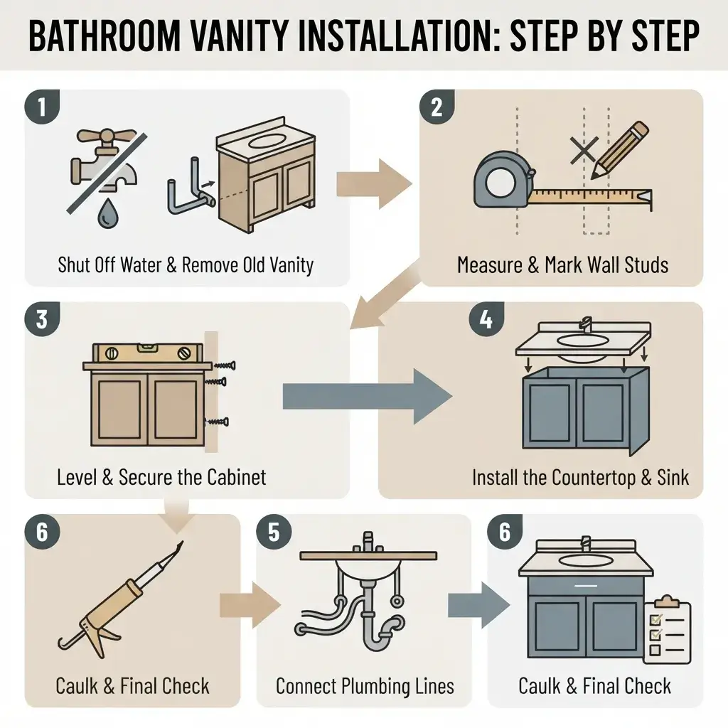 Infographic illustrating the bathroom vanity installation process in six steps: shutting off water and removing the old vanity, measuring and marking wall studs, leveling and securing the cabinet, installing the countertop and sink, connecting plumbing lines, and caulking with a final check.