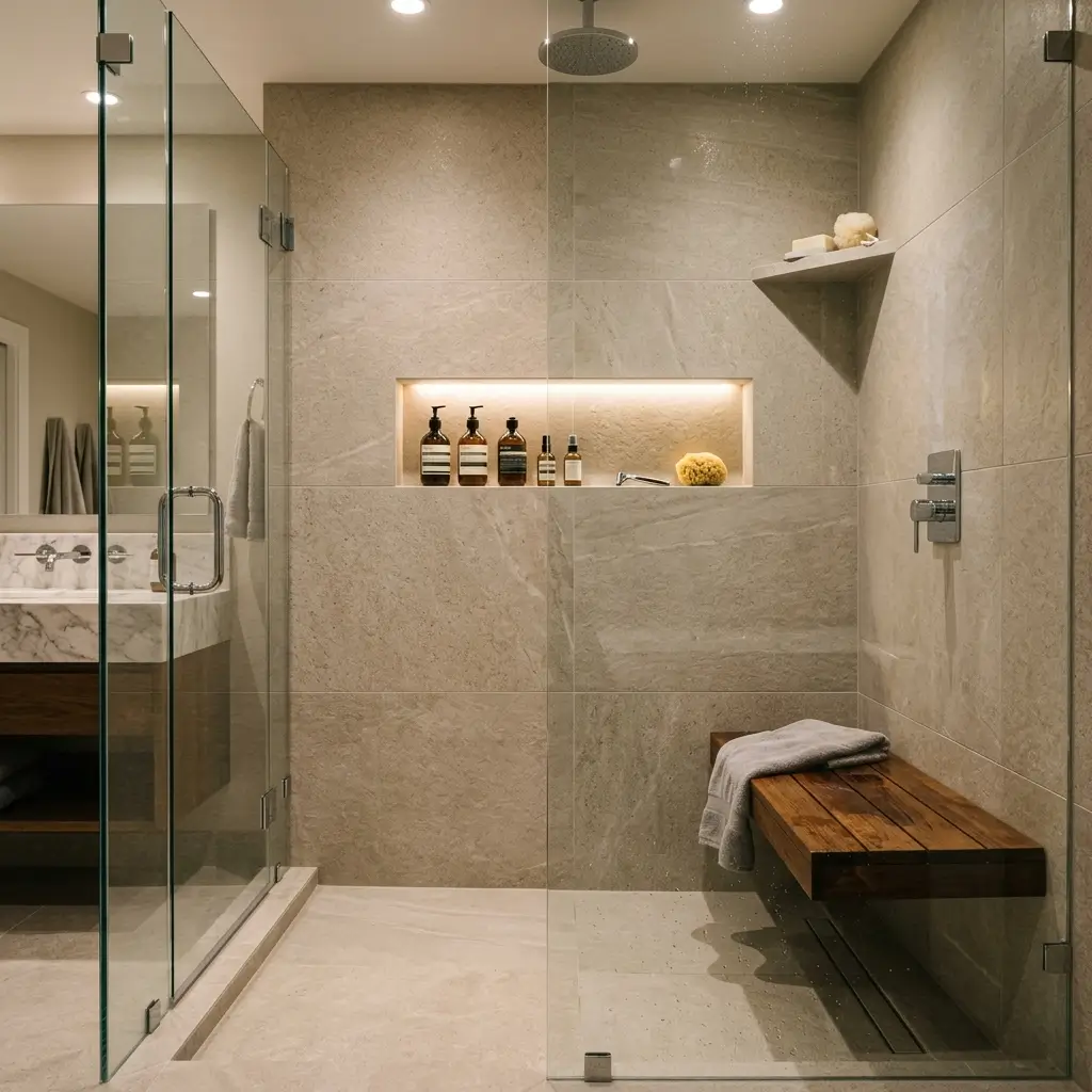 Built In Niches, Floating Benches, and Smart Storage
