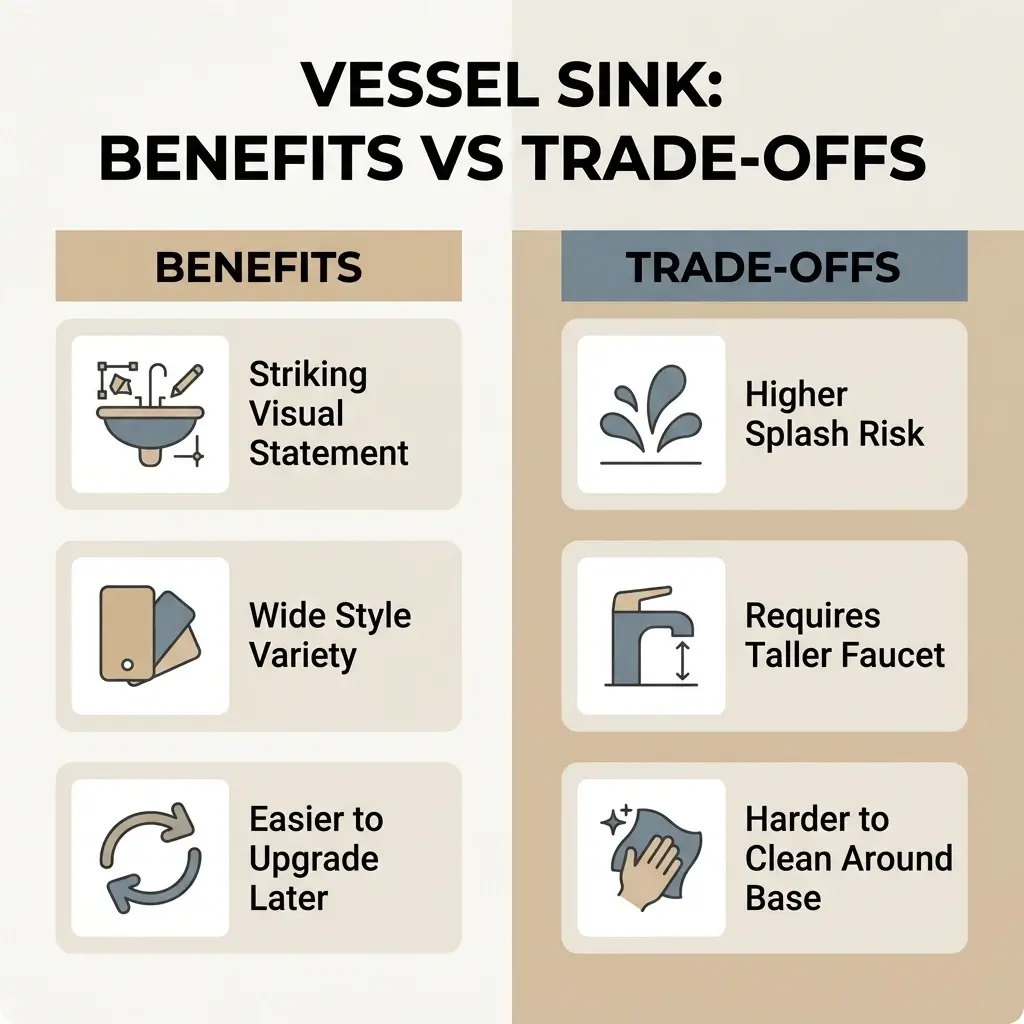 Infographic comparing vessel sink benefits — striking visual statement, wide style variety, easier to upgrade later — against trade-offs — higher splash risk, requires taller faucet, harder to clean around base