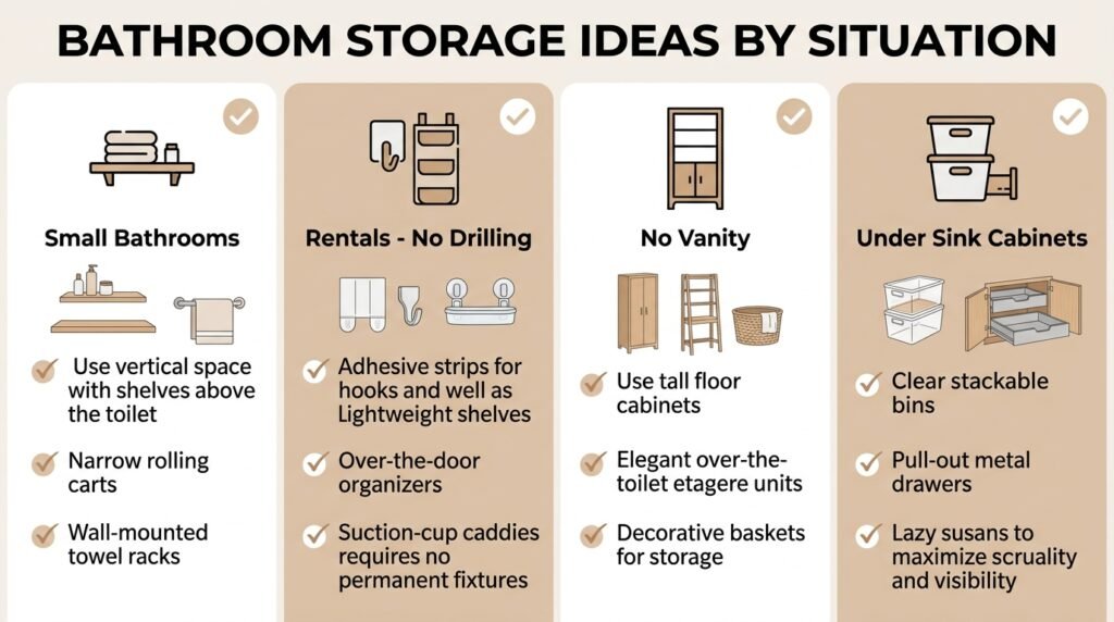 Infographic titled "Bathroom Storage Ideas by Situation" showing four categories — small bathrooms, rentals with no drilling, bathrooms without a vanity, and under-sink organization — each with icons and examples