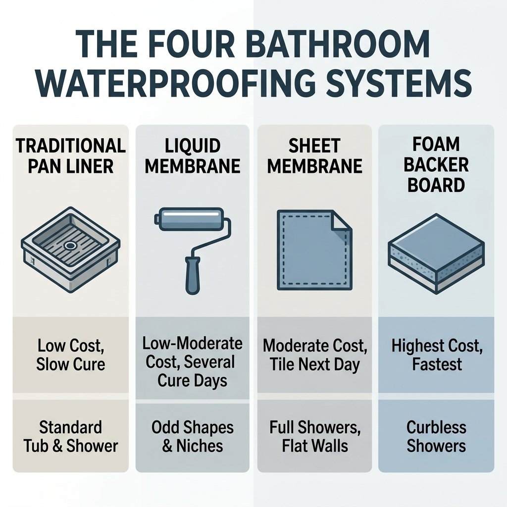Infographic titled "The Four Bathroom Waterproofing Systems" comparing traditional pan liner, liquid membrane, sheet membrane, and foam backer board by cost, speed, and best use case